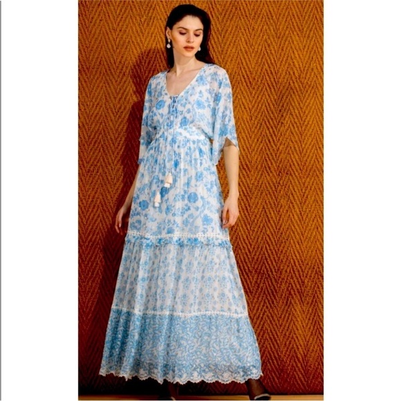 Hemant & Nandita Caleb Maxi Dress Blue White Dolman Sleeves Tiered Small S - Picture 2 of 16